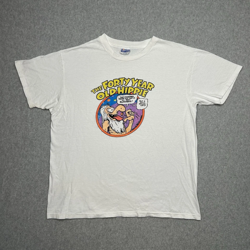 Vintage 70s Forty Year Old Hippie Tshirt Parody Drugs Size XL Humor Funny - Image 1 of 4