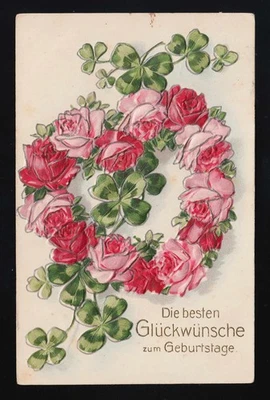 Kranz Klee mit rosa + roten Rosen, Glückwünsche Geburtstag, Einsiedel 2.4.1908 - Bild 1 von 2