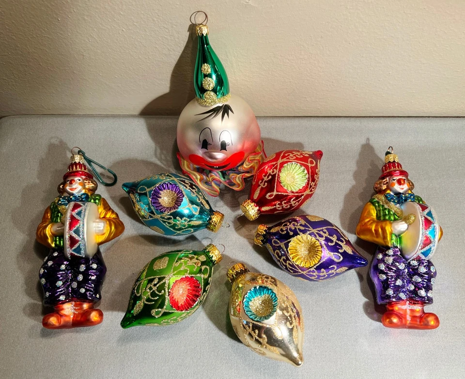 De Carlini Vtg Blown Glass Christmas 8 Ornament Lot Clown Soffieria Poland Italy - Image 1 of 4