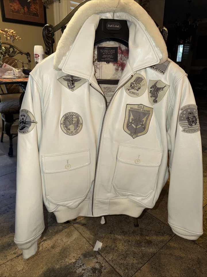 Chaqueta de bombardero de cuero para hombre XLTop Gun Bomber blanca azul marino de EE. UU. Foto 1 de 4