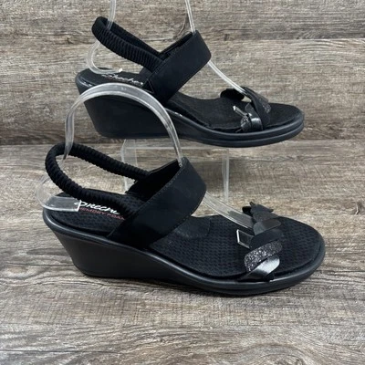 Sandalias Skechers para mujer 10 negras con tiras de cuña espuma viscoelástica zapatos cómodos Foto 1 de 4