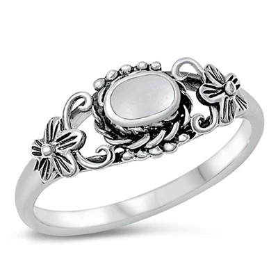 Mother of Pearl Plumeria Oval Cute Ring .925 Sterling Silver Band Sizes 1.5-3 - Image 1 of 3