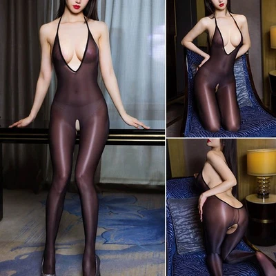 Damen Ouvert Straps Bodystocking Glänzend Transparent Catsuit Nylon Body Overall - Bild 1 von 4