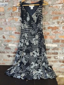 Vestido Evan-Picono Vintage Talla 6 Sin Mangas Midi Negro Dorado Estampado Paisley Cuello en V P - Imagen 1 de 5