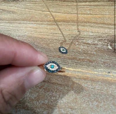 Juego de collar y anillo de oro rosa de 14k con diamantes, zafiros y turquesa mal de ojo Foto 1 de 4