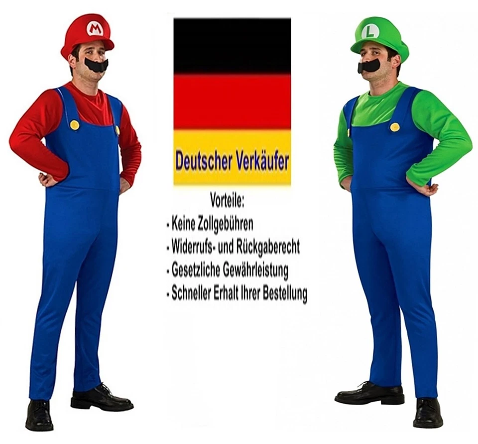 K.A. Herren Kostüm Super Mario Luigi Karneval Fasching Verkleidung Mütze Halloween