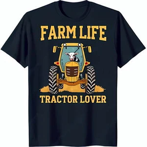 Farm Life Tractor Lover Black T-Shirt with Yellow Graphic & Cow Design - Picture 1 of 4