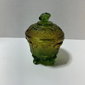 Vintage Green Yellow Jeanette Glass Vanity Jar Candy Trinket Dish Grape Pattern - Picture 1 of 9