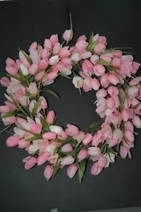  A Spring/Easter handcrafted wreath with silkPink & white  Tulips very striking - Picture 1 of 2