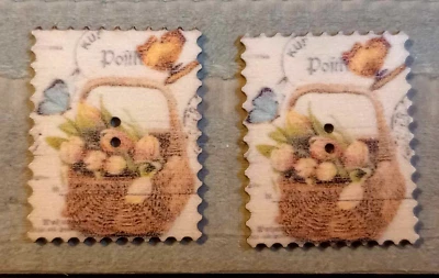 2 Flower Basket Stamp Sewing Buttons Crafting Wood 2 Hole 1.5" x 1 1/8"  - Image 1 of 2