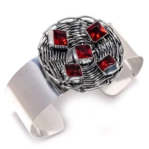 Garnet Gemstone 925 Sterling Silver Ethnic Filigree Cuff Bracelet Adjustable n13 - Picture 1 of 8