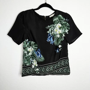 Oasis Top Women Size 8 Blouse Shirt Medium Black Butterfly Floral Tropical EE - Picture 1 of 21