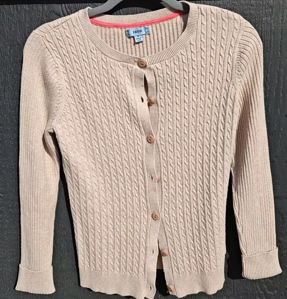 Suéter Cárdigan Tejido con Cable Izod, Con Cuello Redondo, Botón Frontal Lt Marrón Foto 1 de 2