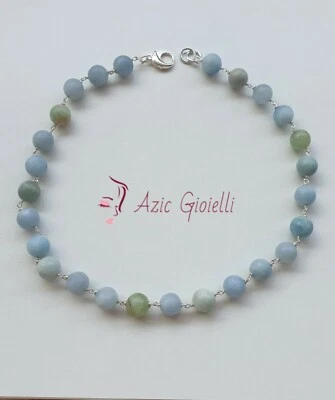 Collana, girocollo, arg.925, pietre preziose, acquamarina, fatto a mano - Immagine 1 di 4