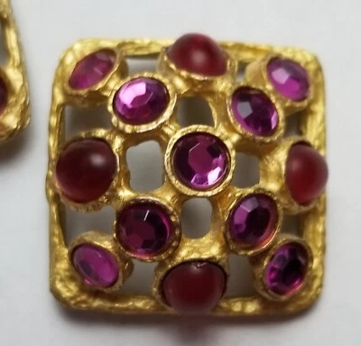5 Gorgeous Vintage Jacket Buttons Pink, Red Stones set Gold Metal  1-1/8" x 5/8" - Image 1 of 4