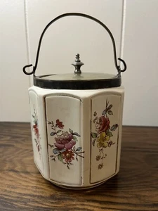 Antique Biscuit Jar Victorian Era Ceramic Gold Trim Floral Metal Handle & Lid - Bild 1 von 5
