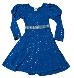 Bonnie Jean Girls Teal Long Puff Sleeve Sweater Dress Gold Sequins Princess 14 - Picture 1 of 10
