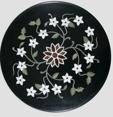 Black Marble Side & End Table Handmade Pietra Dura Marble Inlay Patio Table - Image 1 of 2