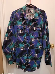 MENS WRANGLER COWBOY CUT TALL MAN WESTERN SHIRT TEAL BLUE W/SKULLS 18 1/2 X 37 - Picture 1 of 5