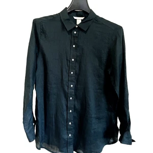 Blusa de lino H&M verde oscuro, manga larga, botones delanteros, 8 excelente estado - Imagen 1 de 4