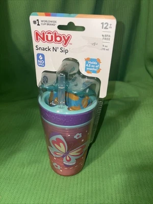 Taza Nuby Snack-N-Sip con pajita - Nueva ~ 9 oz - Púrpura/Rosa Foto 1 de 3