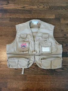 Vintage Joe Camel Fish & Game Club Mens Vest Fishing Tobacco Tan 90s Size L - Picture 1 of 8