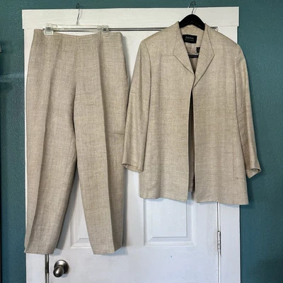 Vtg 90s Y2k Dana Buchman Tan Off White Linen Rayon Blend Woven Pant Suit 14 A30 - Image 1 of 4
