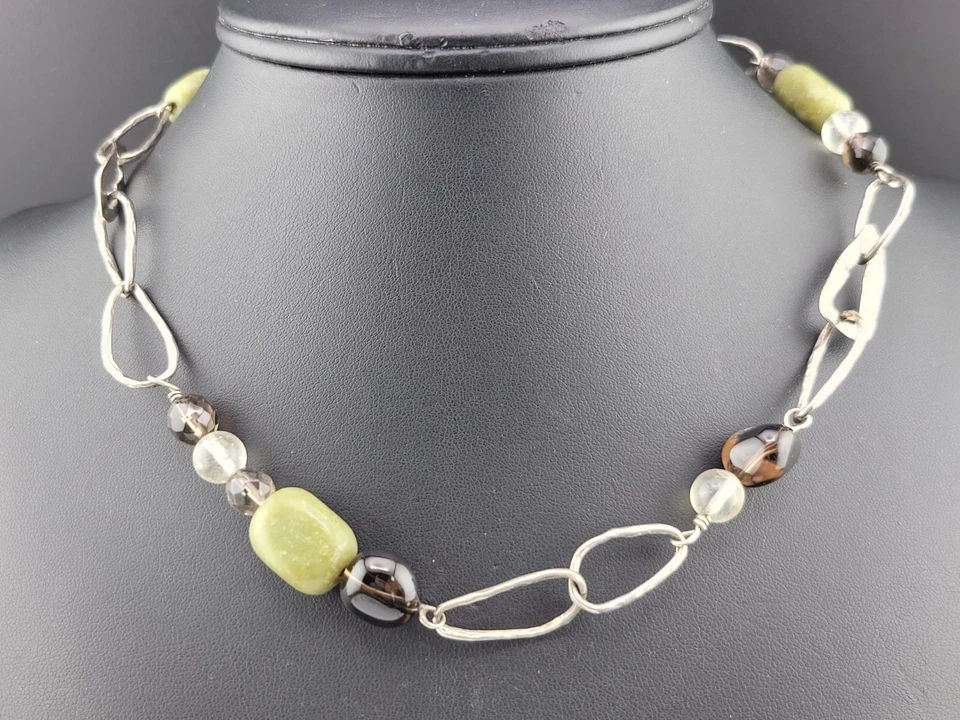 Retired Silpada Sterling Silver 925 Jade Smoky Quartz Bead Necklace 18" N1218 - Image 1 of 4