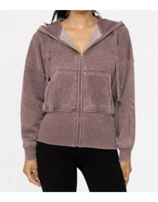Mono b Mineral Washed Hoody Plum Zip Sz L Tapperd Long Sleeve Kangaroo Pockets  - Image 1 of 4