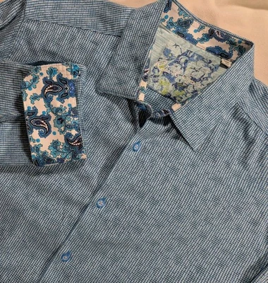 Robert Graham Checkered AOP Paisley Button Up Shirt Flip Cuff Blue Men's 3XL - Image 1 of 4