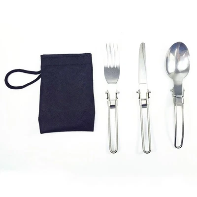 Stainless Steel 3Pcs Folding Camping Picnic Cutlery Utensil Set Spoon Fork Knife - Image 1 of 4