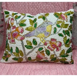 Beaded Bird Accent Pillow BOHO Embroidered Decorative Throw Cushion - Picture 1 of 15