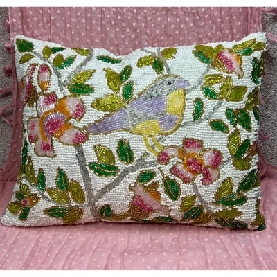Beaded Bird Accent Pillow BOHO Embroidered Decorative Throw Cushion - Image 1 of 4