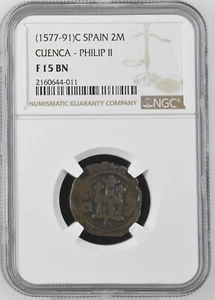 (1577-91)C Spain 2M Maravedis Cuenca King Phillip II NGC F15BN Top Pop Finest - Picture 1 of 3