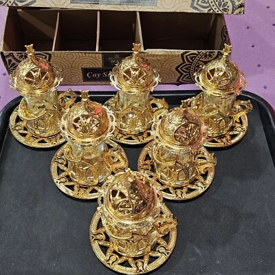 Juego de té turco (de 6) cobre soporte móvil cuenco taza de vidrio otomano latón dorado Foto 1 de 4