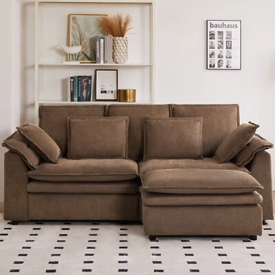 Sofá Sofá Sofá con Almohadas, Sofá Chenille Moderno con Otomana Móvil, Marrón Oscuro Foto 1 de 4