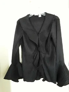 Newport News 6 Black Blouse Crinkle  Ruffle Bell Sleeve Lng Slv  - Picture 1 of 4