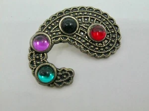 Single Paisley Button Antiqued Gold Metal With Multicolor Stones Shank 1 3/8" - Picture 1 of 2