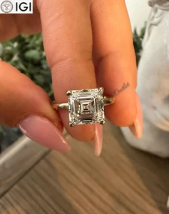 Anillo de compromiso de oro amarillo macizo de 14 k con punta de diamante cultivado en laboratorio talla Asscher de 3 quilates - Imagen 1 de 10