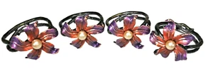 4 Enameled Metal Napkin Rings Holders Faux Pearl Purple Flower - Picture 1 of 4