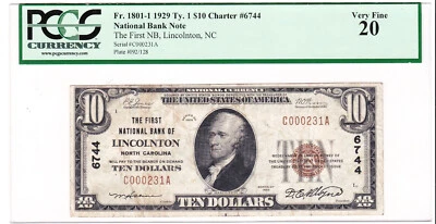 $10 1929 T1 National LINCOLNTON North Carolina 🇺🇸 Very Rare 🇺🇸 - Image 1 of 2
