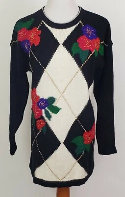 Suéter de Navidad Dana Scott Talla M Negro Blanco Argyle Cuentas Vacaciones Foto 1 de 4