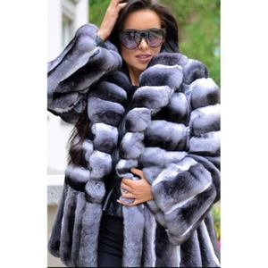 Winter Warm Overcoat Women Real Rex Rabbit Fur Coat Chinchilla Thick Jackets - Picture 1 of 6