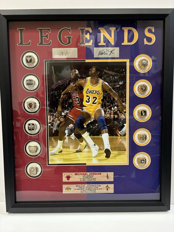 Michael Jordan  Bulls and Magic Johnson  Lakers NBA Rings Framed - Image 1 of 1