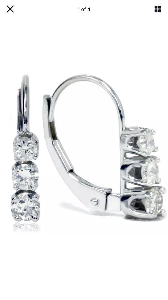 3 Stone 1/2CT Diamond Earrings 14K White Gold Leaver Back Style - Image 1 of 4