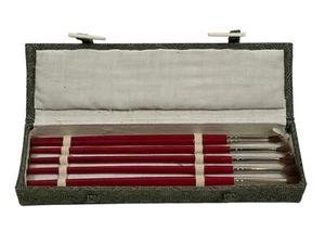 Juego de pinceles de pintura orientales vintage tamaño 1-6 madera roja en caja de brocado verde - Imagen 1 de 15