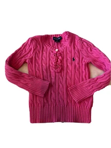 Ralph Lauren Polo PINK CABLE KNIT SWEATER Size 5 Girls Ruffle Trim Long Sleeve - Picture 1 of 3