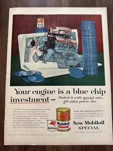 1955 New Mobiloil Special Vintage Print Ad Your Engine Is A Blue Chip Investment - Picture 1 of 2