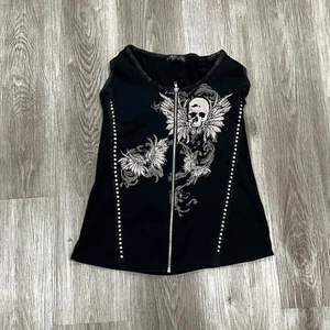 Vintage 00s Y2K Damen Los Angeles Totenkopf Tank Top Reißverschluss Glitzer Gr. L tailliert Grunge - Bild 1 von 5