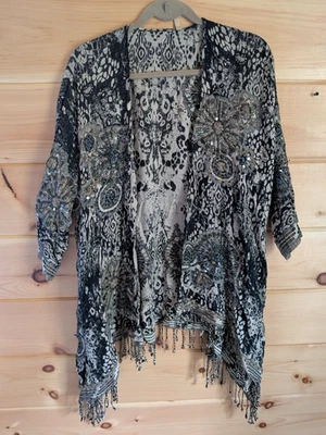Kimono Cardigan Soft Surroundings para mujer Talla S M Boho Bordado con flecos y lentejuelas Foto 1 de 4